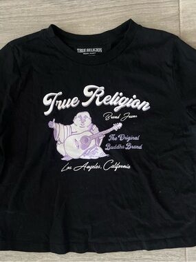 True Religion Black Tee with Lavender Buddha Guitar Graphic